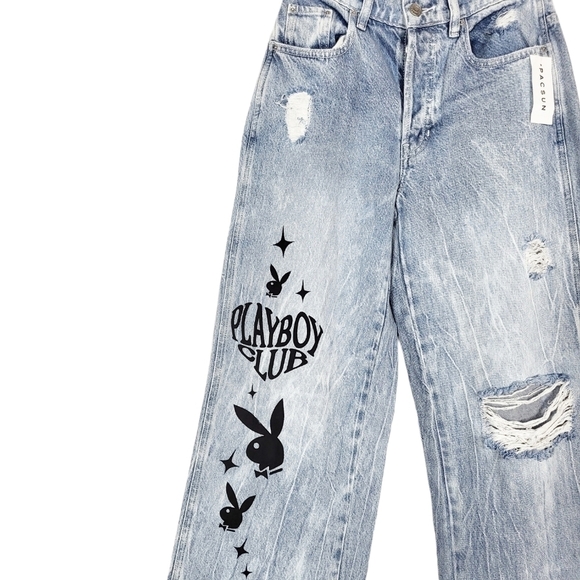 PLAYBOY By PacSun Eco Super Distressed High Waisted Baggy Jeans NWT - Picture 2 of 8